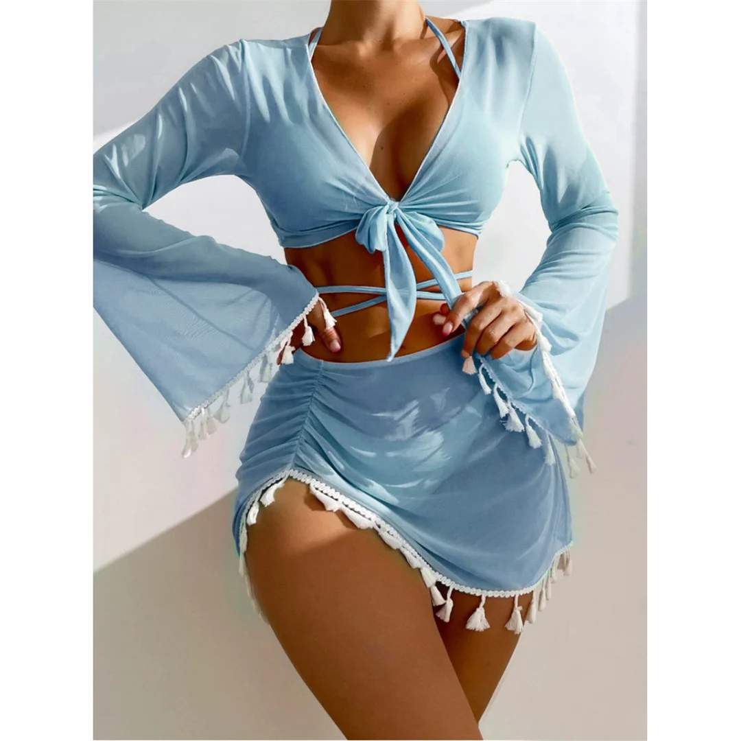 S - XL, mit Fransenrock, langärmeliges Bikini-Set für Damen, Badebekleidung, vierteiliges Bikini-Set, Badeanzug, Badebekleidung, Modell V7060. – Detail 27