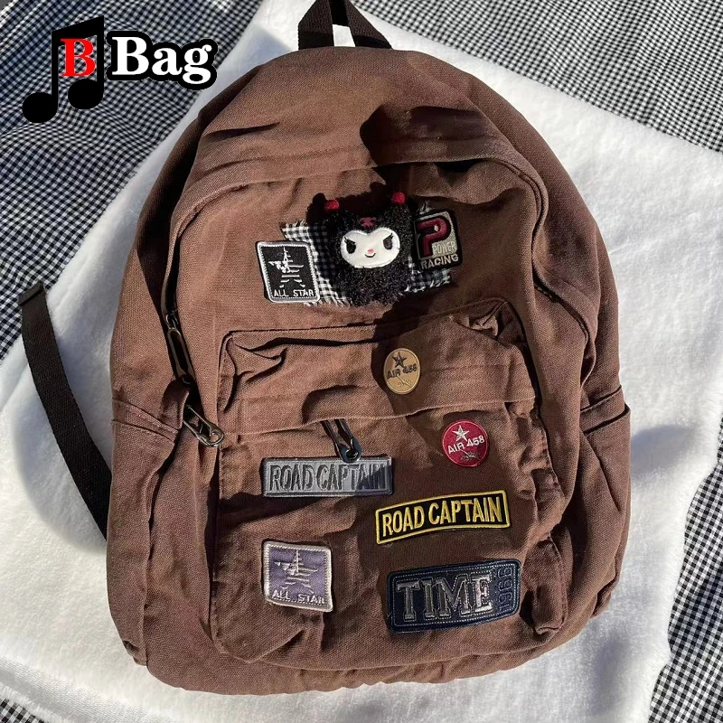 Brown Canvas Backpack Women Gothic Punk Spicy Girl Vintage Bag Large Capacity Commuting Tote