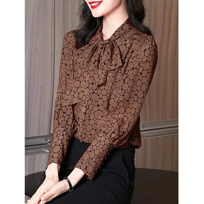 Women\'s Korean Fashion Dot Print Bow Lace Up Shirt Office Lady Vintage Elegant Commute Blouse Chic Long Sleeve Loose Tops Blusas