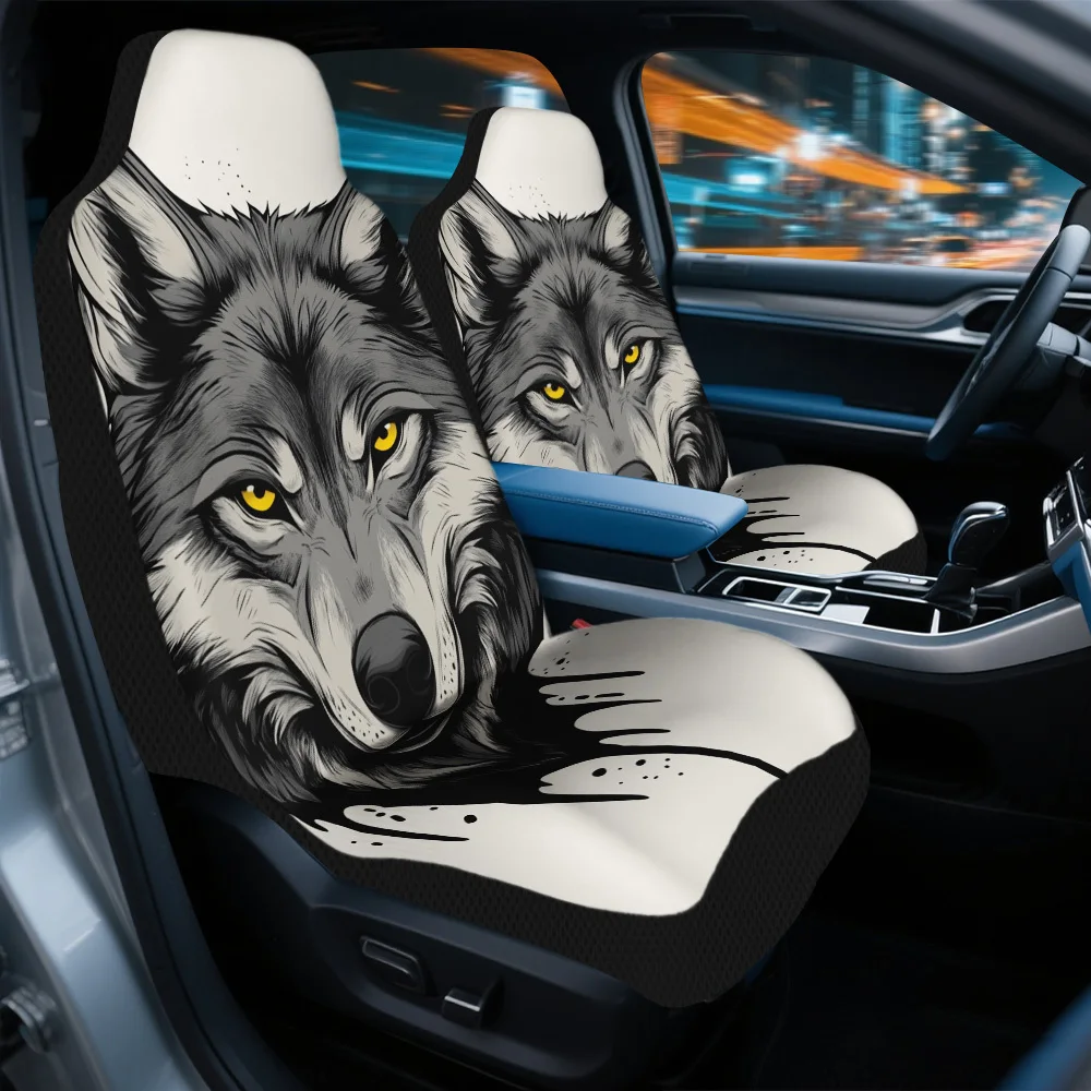2pcs Majestic Wolf Portrait Car Seat Covers Set - High-Quality, Stylish & Durable Polyester, Easy To Clean, Universal Fit For Mo