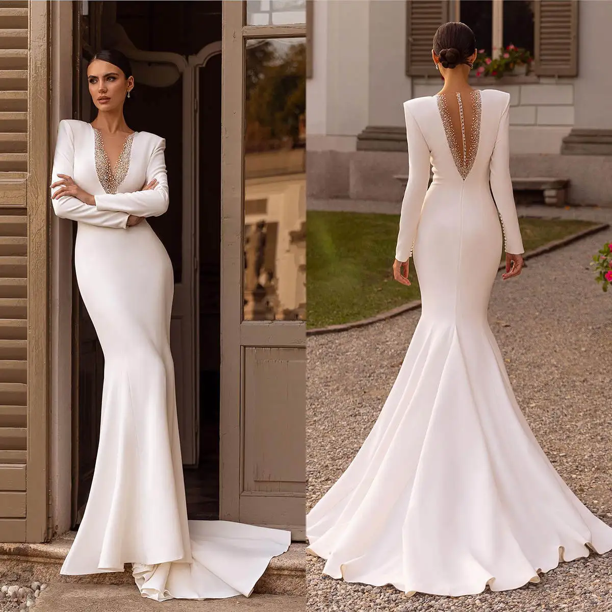 

Elegant Mermaid Wedding Dress Beaded Sequins V Neck Long Sleeve Bride Gowns Ruched Sweep Train Satin Bridal Dresses