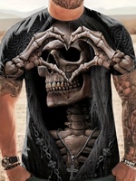 Men's Casual T-Shirt, Gothic Skull Heart Hands Graphic Black Short Sleeve Crew Neck Tee Cool Streetwear Halloween Fashion Top