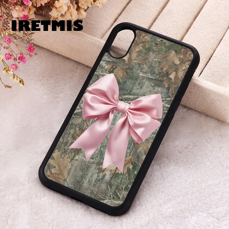 Iretmis Phone Cover Case For iPhone X XS Max XR 11 12 13 PRO MINI 14 15 16 Plus Rubber Silicone camo pink bow