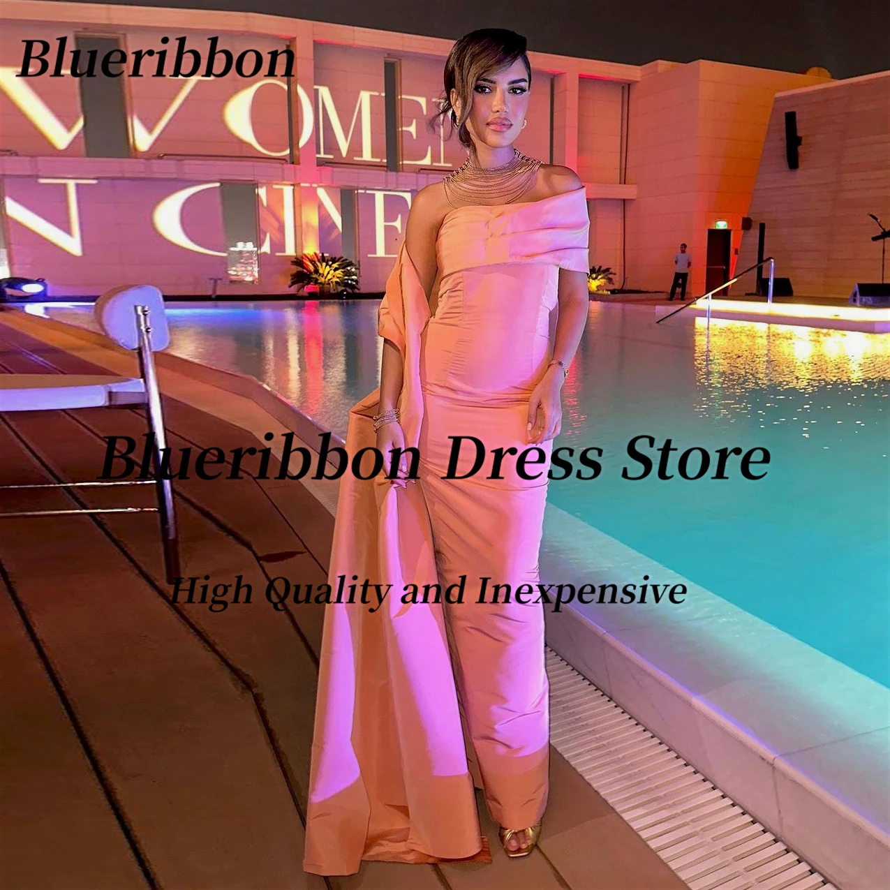 

Blueribbon Celebrity Women Special Occasion Wear One Soulder Prom Dresses Wraps Long Sheath Birthday Party Evening Dress