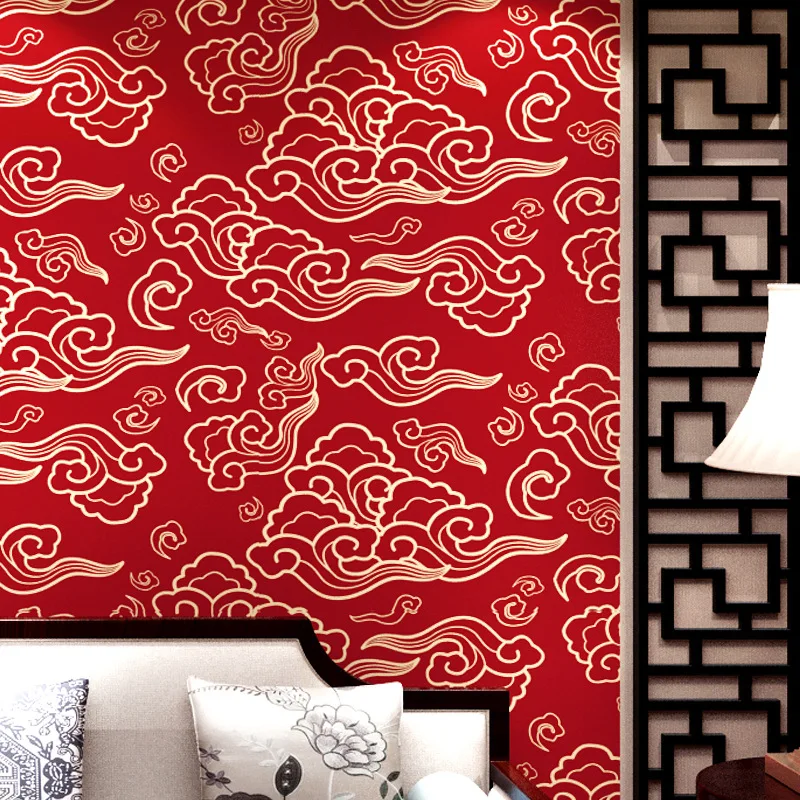 Auspicious Chinese style big red auspicious cloud wallpaper living room Tibetan background wall Buddhist niche temple Buddhist