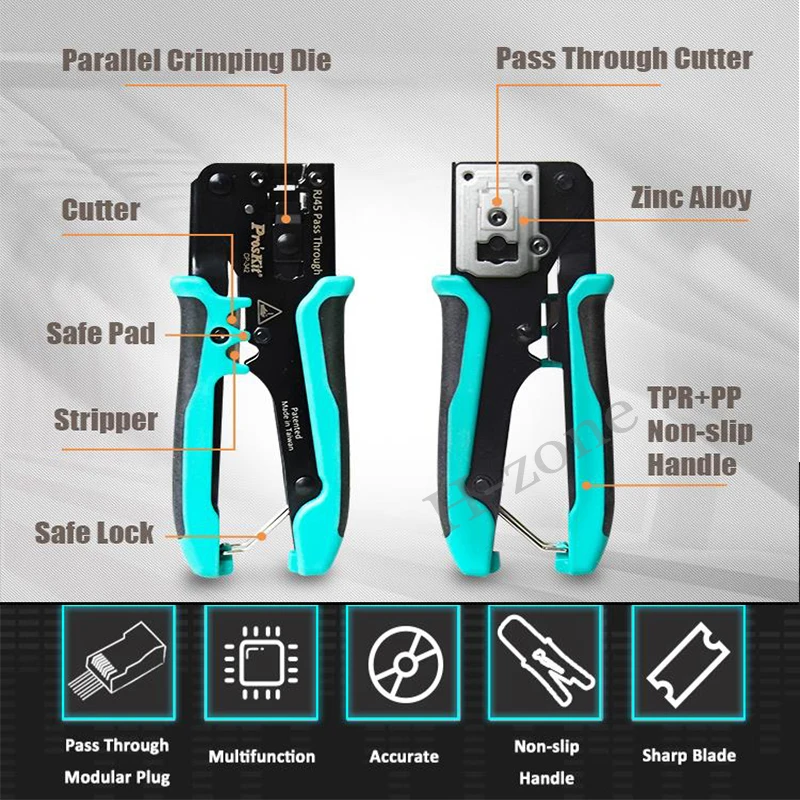 Pro\'skit CP-342 End Pass Through Mini Crimper Pliers 8P8C RJ45 Perforated Crystal Head Crimp Tool 4in1 Ethernet LAN Stripper