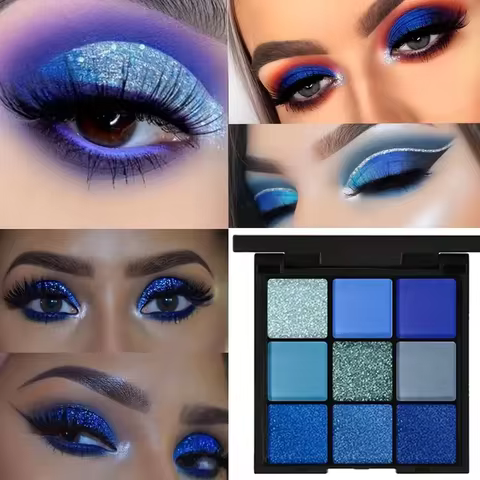 9-Grid Blue Eyeshadow Palette Glitter Pearlescent Matte Eye Shadow Shimmer Makeup Long Lasting Women Beauty Eye Cosmetics