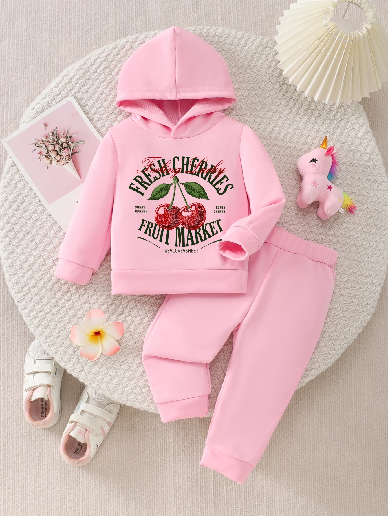 Girls Hoodie And Pants Set Sweet Fresh Cherry Letter Print Hooded Design Soft Fabric Elastic Hem Comfortable Versatile Kids Outf