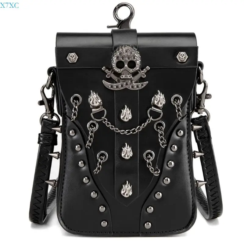 

X7XC Women's Skull Leather Crossbody Bag with Adjustable Shoulder Strap Gothic Satchel Phone Holder Bag for Trendy Women