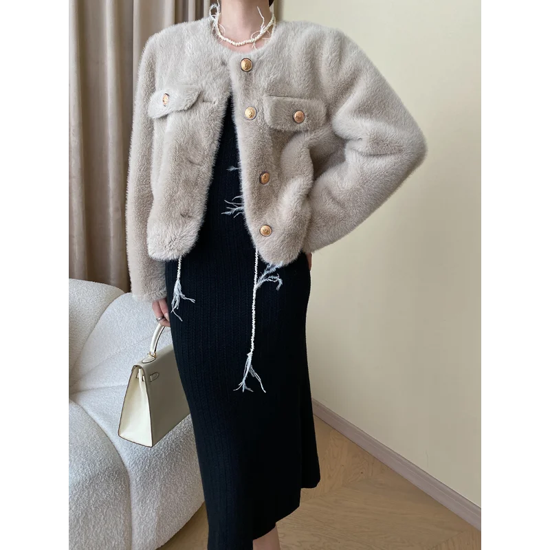 French Mink Fur Thick Women Coat Autumn Winter Casual O Neck Loose Wild Fashion Fur One Whit Black Daily Ladies Faux Fur Coat