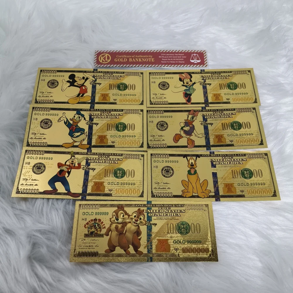 

miniso 7 Designs US Anime Mickey Mouse Cartoon Gold Banknotes Collectibles ticket for kid's birthday gifts