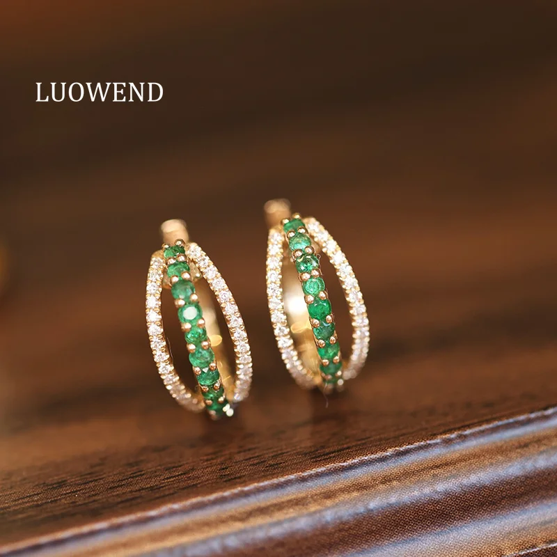 

LUOWEND 100% 18K Yellow Gold Earrings Vintage Elegant Style Shiny Diamond Natural Emerald Hoop Earrings for Women Fine Jewelry
