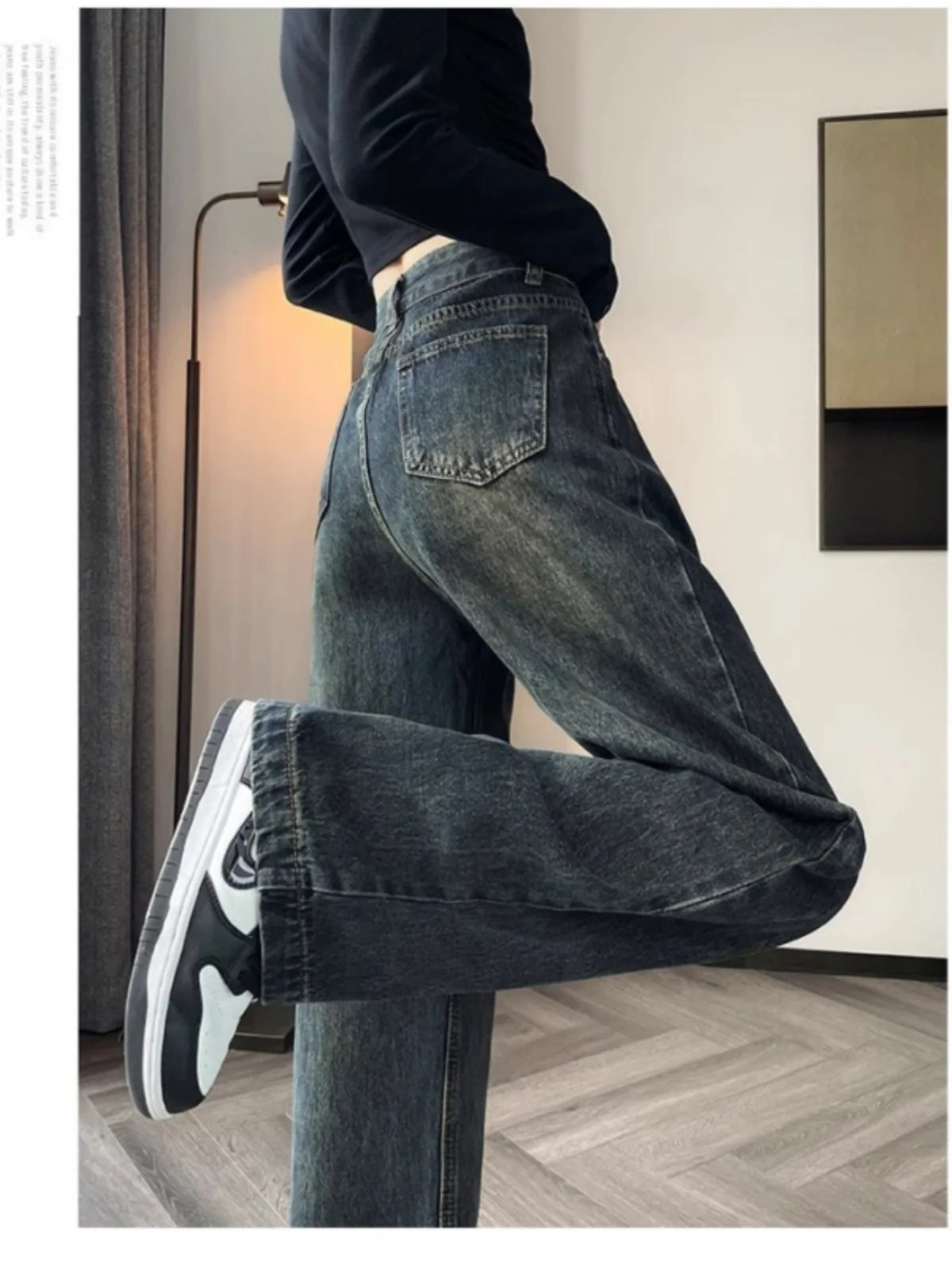 حجم كبير ارتفاع الخصر Fce اصطف مستقيم الساق الجينز المرأة الخريف الشتاء واسعة الساق الطابق طول السراويل العصرية جينز غير رسمي