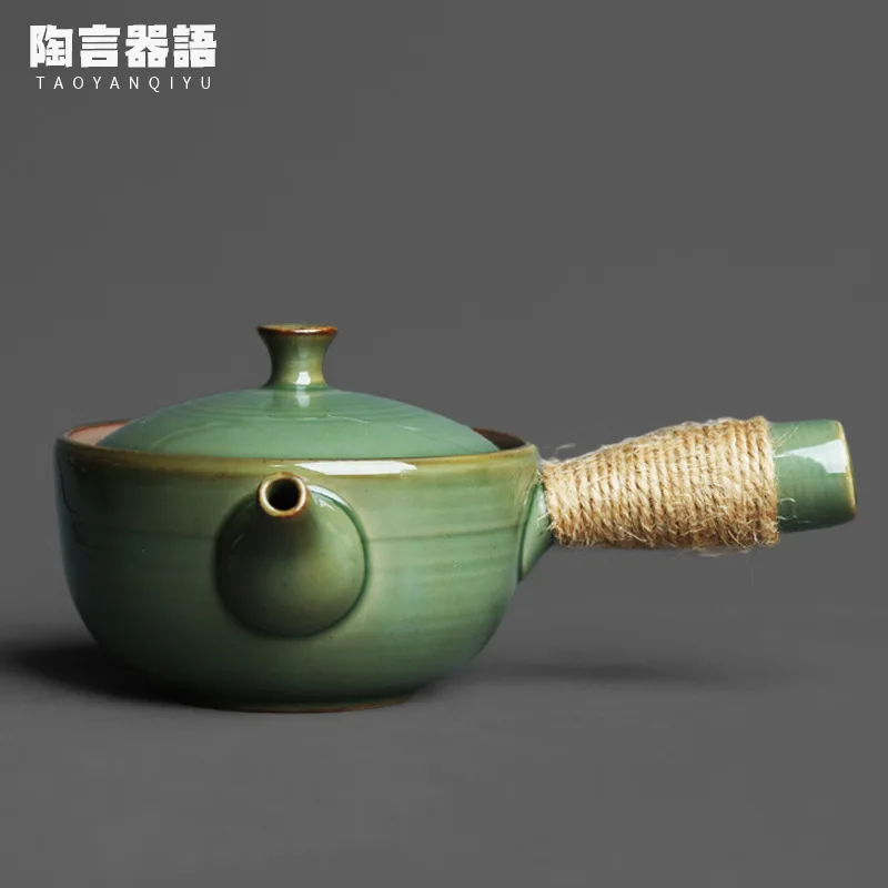 Secret color Yue kiln celadon wide mouth side handle teapot handmade retro pottery Kung Fu tea ceremony tea maker single teapot