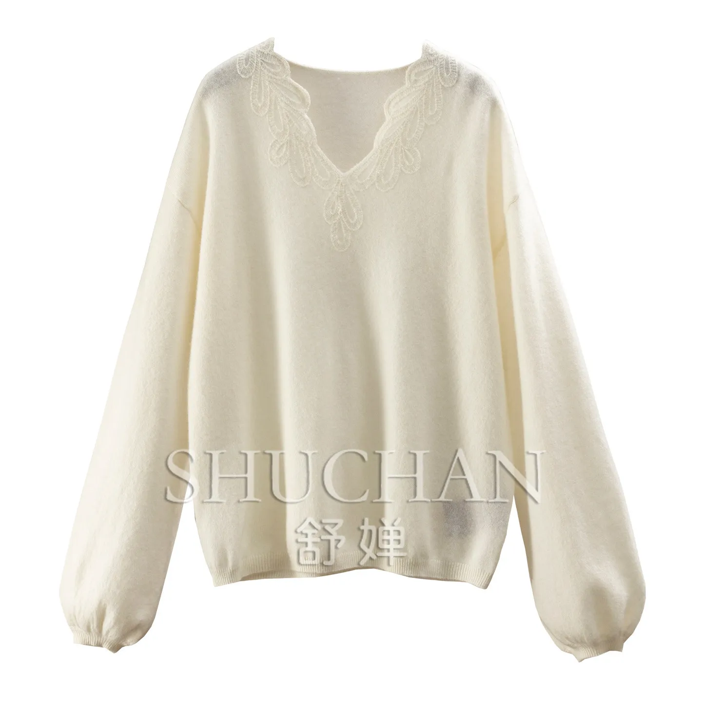 High-end Atmosphere Pullover 210g 100% Cashmere Embroidered Lace V-neck Lantern Sleeve Sweater Women's E174