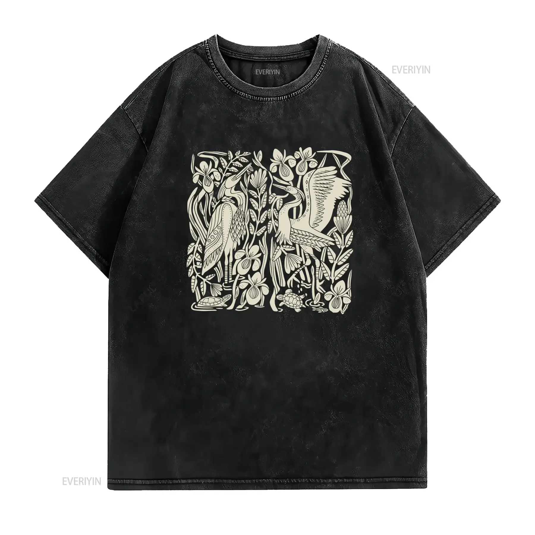 Men'S Great Blue Heron Linocut Bird Art T Shirt Black with White Print Casual Round Neck All Season Comfort Fit Nature vintage