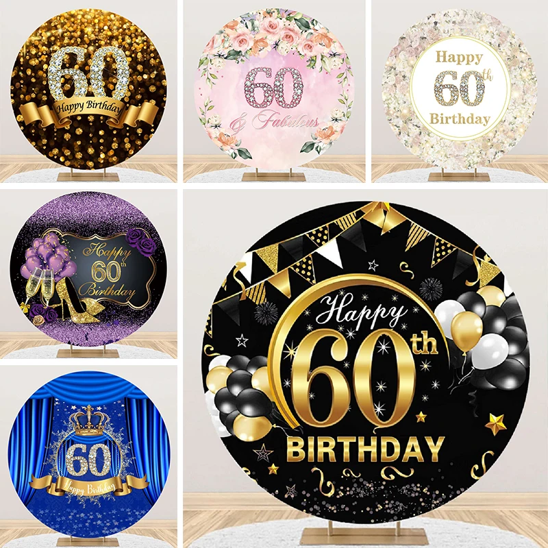 60 Years Birthday Backdrop Round Cover 60th Party Banner Decorations for Men Woman Balloon Circle Elastic Photo Background Cloth