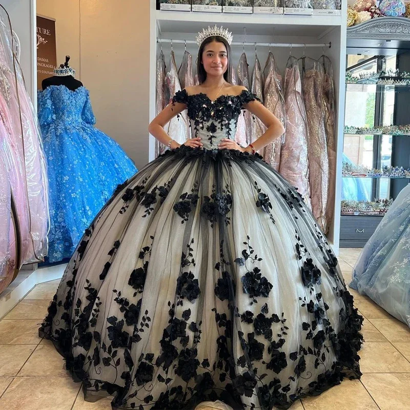 Crystal Black Ball Gown 15 Year Old Sexy Quinceanera Dresses With 3D Flowers Train Birthday Formal Party  Girl