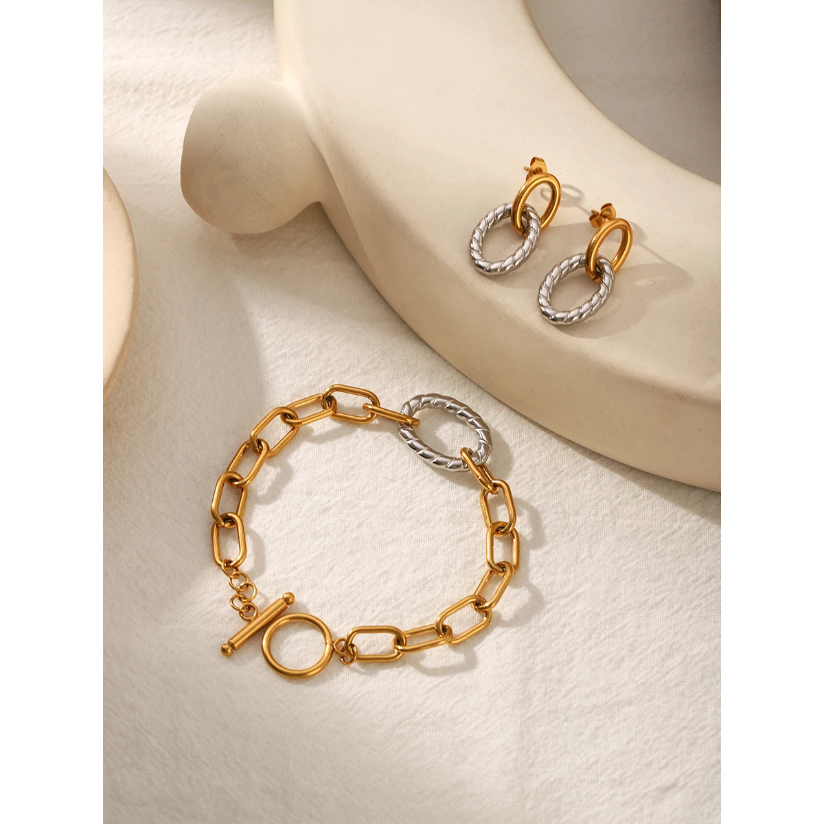 

Gold Color Plated Stainless Steel Bracelet EarringsSplicing Cross Buckle Stackable Basic Daily Wear Women's Jewelry Gift