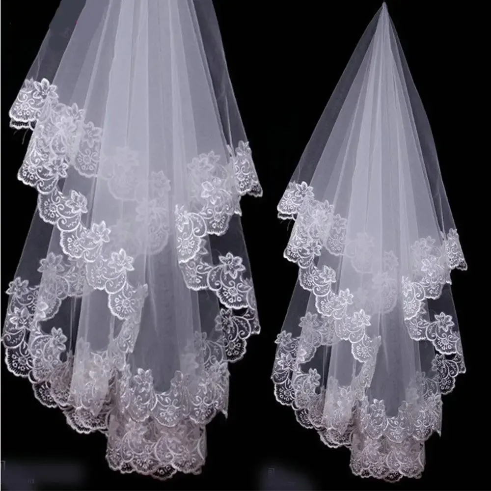 

White Ivory Cathedral Wedding Veils Short One Layer Bridal Appliques Lace Edge No Comb Accessories