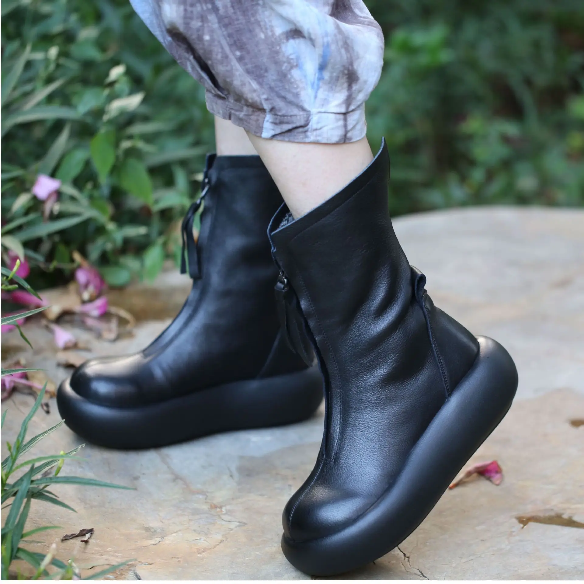 Careaymade-Genuine leather large head wide version warm Casual women\'s boots,retro cowhide Pure handmade single long boots