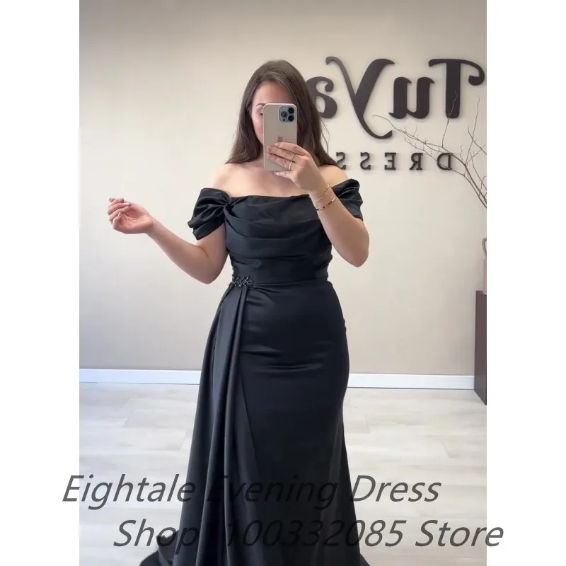 Eightale Black Mermaid Evening Dresses For Wedding Off Shoulder Pleats Celebrity Party Gown Arabia Satin Prom Graduation Dress