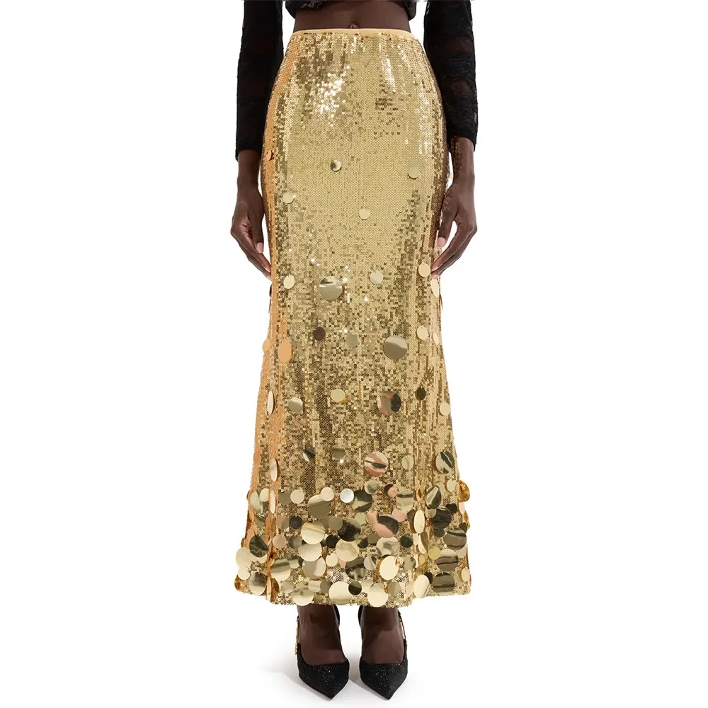 TWOTWINSTYLE Gold Spliced Sequins Party Skirt Female High Waist Loose Light Luxury Women's Long Skirts Autumn New Fashion Style