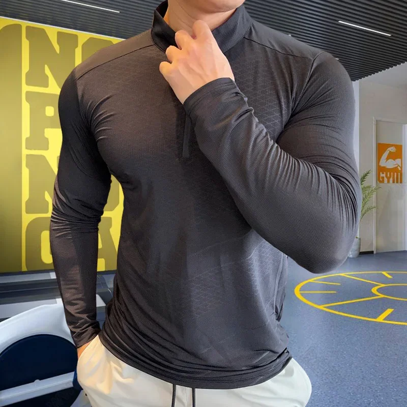 Running Sports Long Sleeved T-shirt Men's Standing Neck Half Zip Solid Color Fitness Suit Training Elastic Quick Drying Clothes