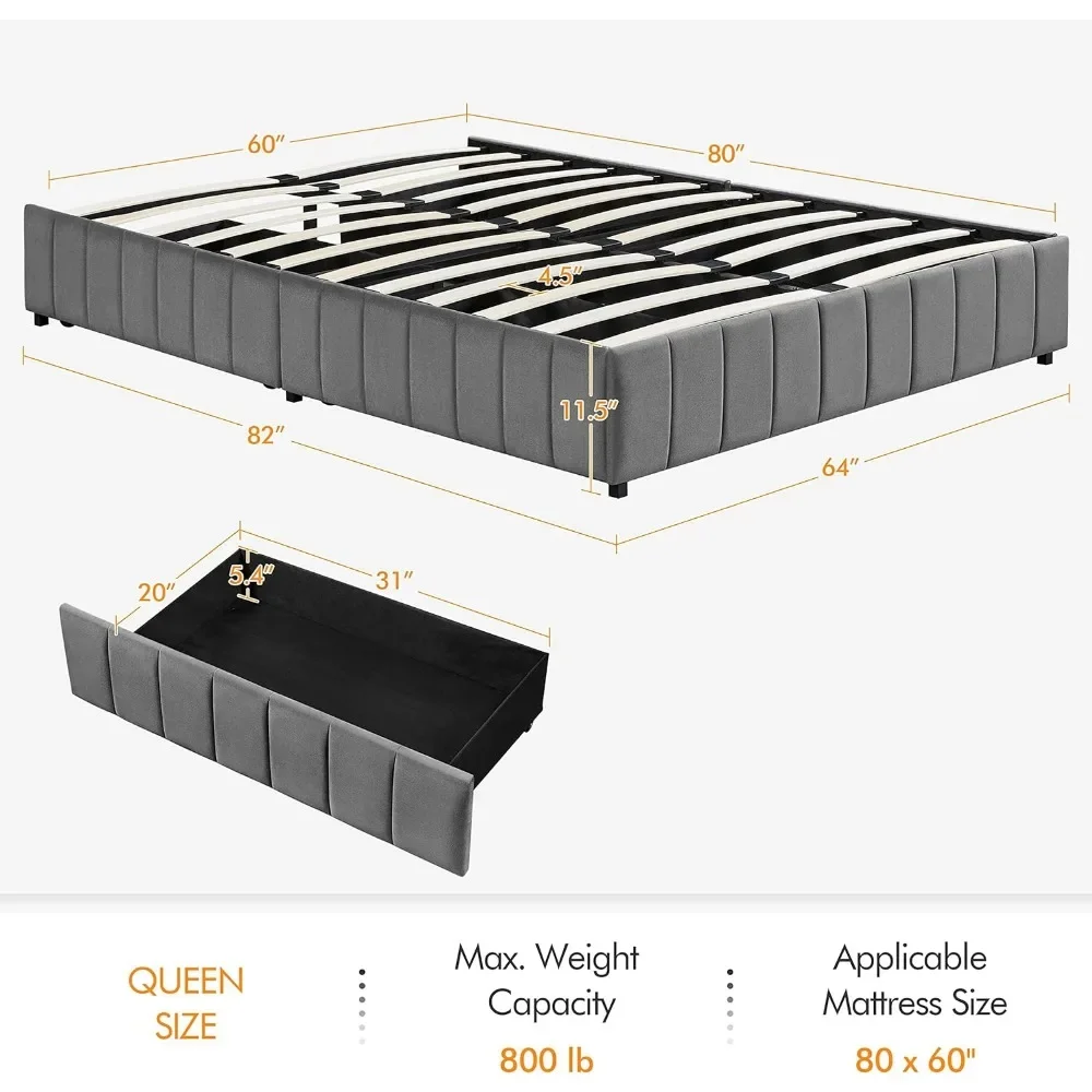 Queen Upholstered Platform Bed with 4 Storage Drawers, No Fixed Headboard, Mattress Foundation with Wood Slat Support,Bed Frames