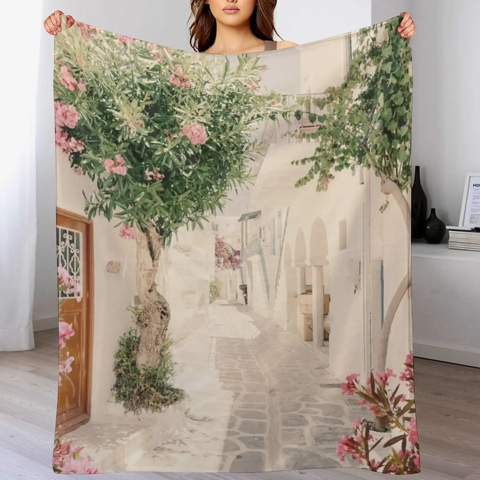 Santorini Greece Mamma Mia Pink Oleander Cottage Wall Art Prints Throw Blanket Single Stuffeds Blankets