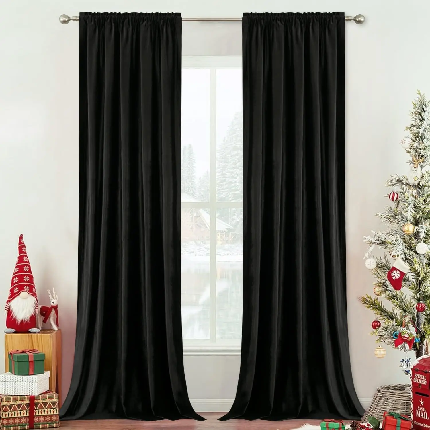 Black Velvet Curtains & Drapes, Room Darkening Decorative Window Treatment with Swag Valance, Vintage Style Curtain