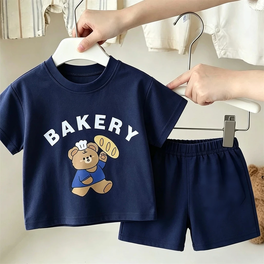Brown Pink Beige Navy Suits Little Bear T-shirt Solid Color Shorts 2Piece/Set Summer Toddler Costume Fashion Casual Outfits