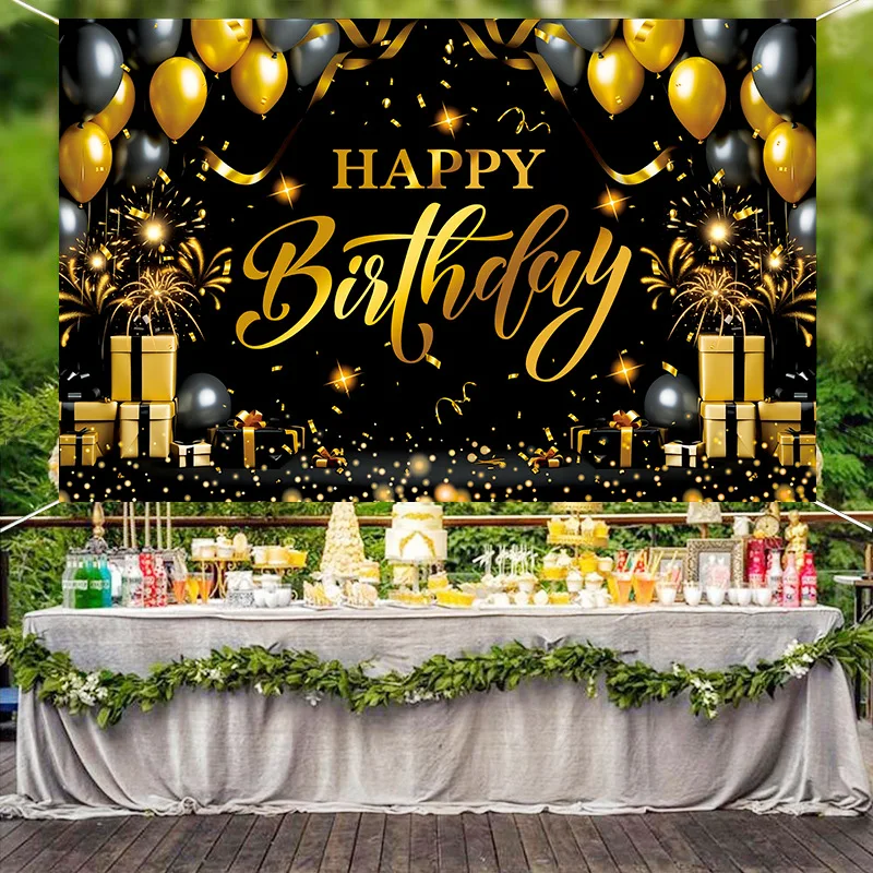 

3D Black Gold Glitter Celebration Happy Birthday Background Balloon Party Decor Gifts Boy Girl Adult Photography Backdrops ZZ-03