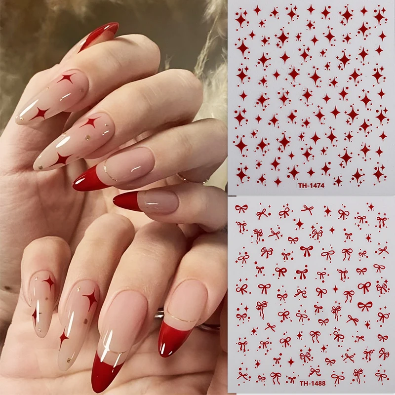 2 adet Güzel Kırmızı Yıldız Ilmek 3D Tırnak Etiket Sevimli Uzun Şerit Papyon Püskül Kendinden Yapışkanlı Nail Art Süslemeleri Manikür Kaydırıcılar