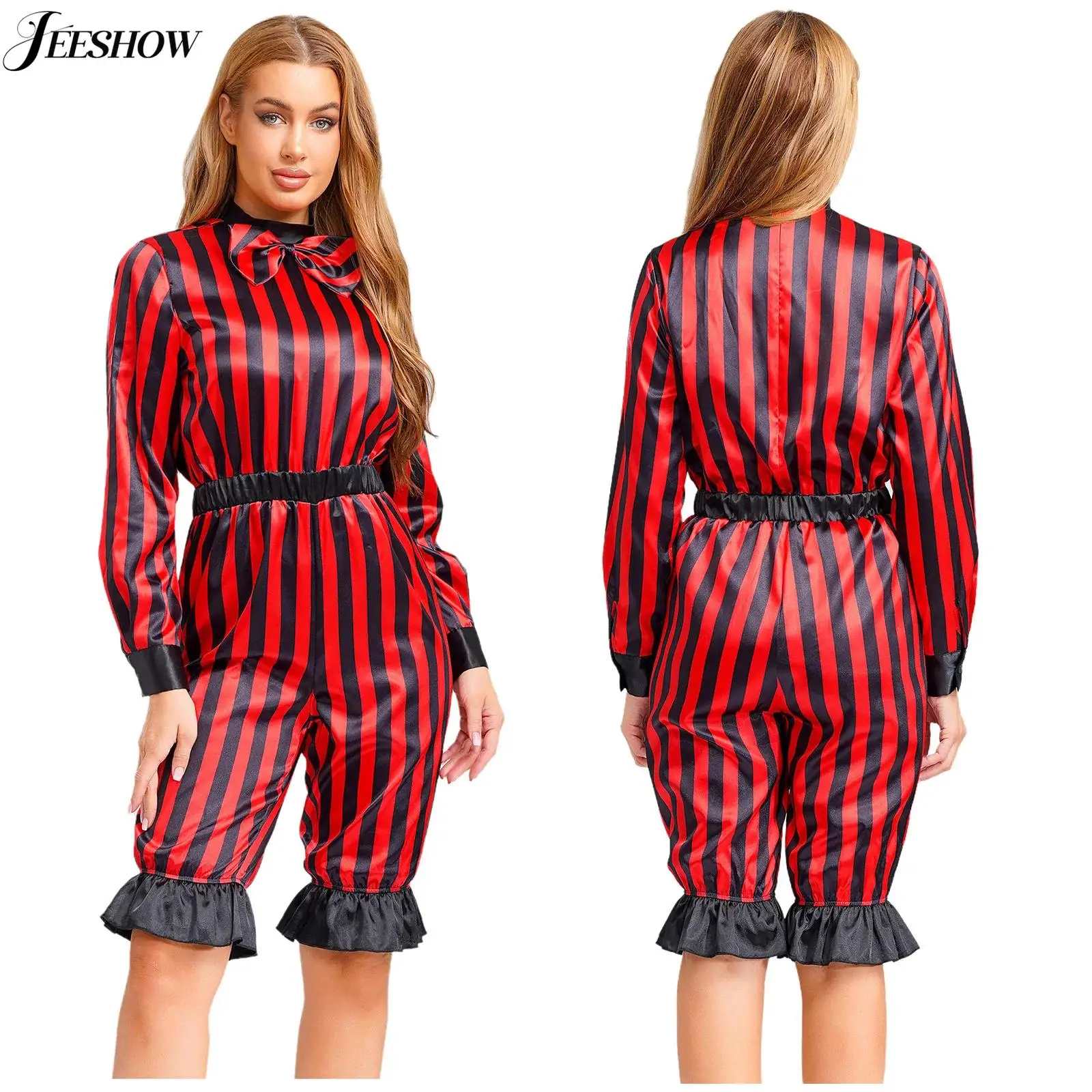 Böser Clown-Kostüm für Damen, gestreift, langärmelig, elastische Taille, Strampler, Zirkus, Schausteller, Rollenspiel, Kostüm, einteilige Overalls
