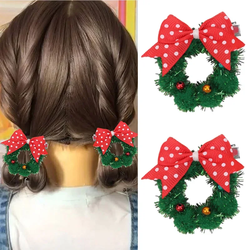 Oaoleer 2Pcs Christmas Wreath Hair Clips For Baby Girls Mini Handmade Bowknote Wreaths Hairpin Barrettes Kids Hair Accessories