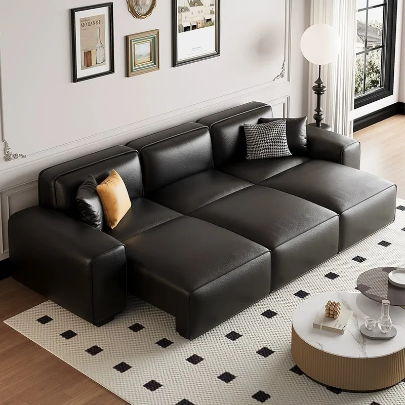 Foshan leather sofa big black cow electric multifunctional Italian minimalist living room