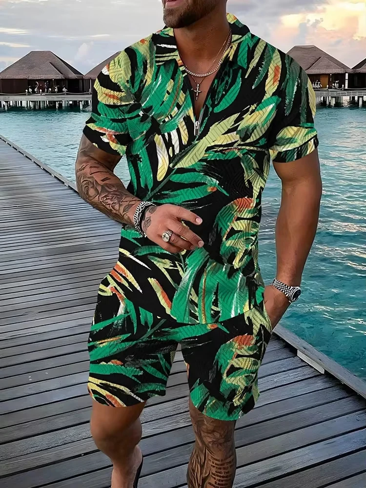 

Summer 3D Tropical Fruits Print Men Polo Set Zipper Lapel Polo Set Zipper Collar And Shorts 2pcs Sets Holiday Style Man Clothes