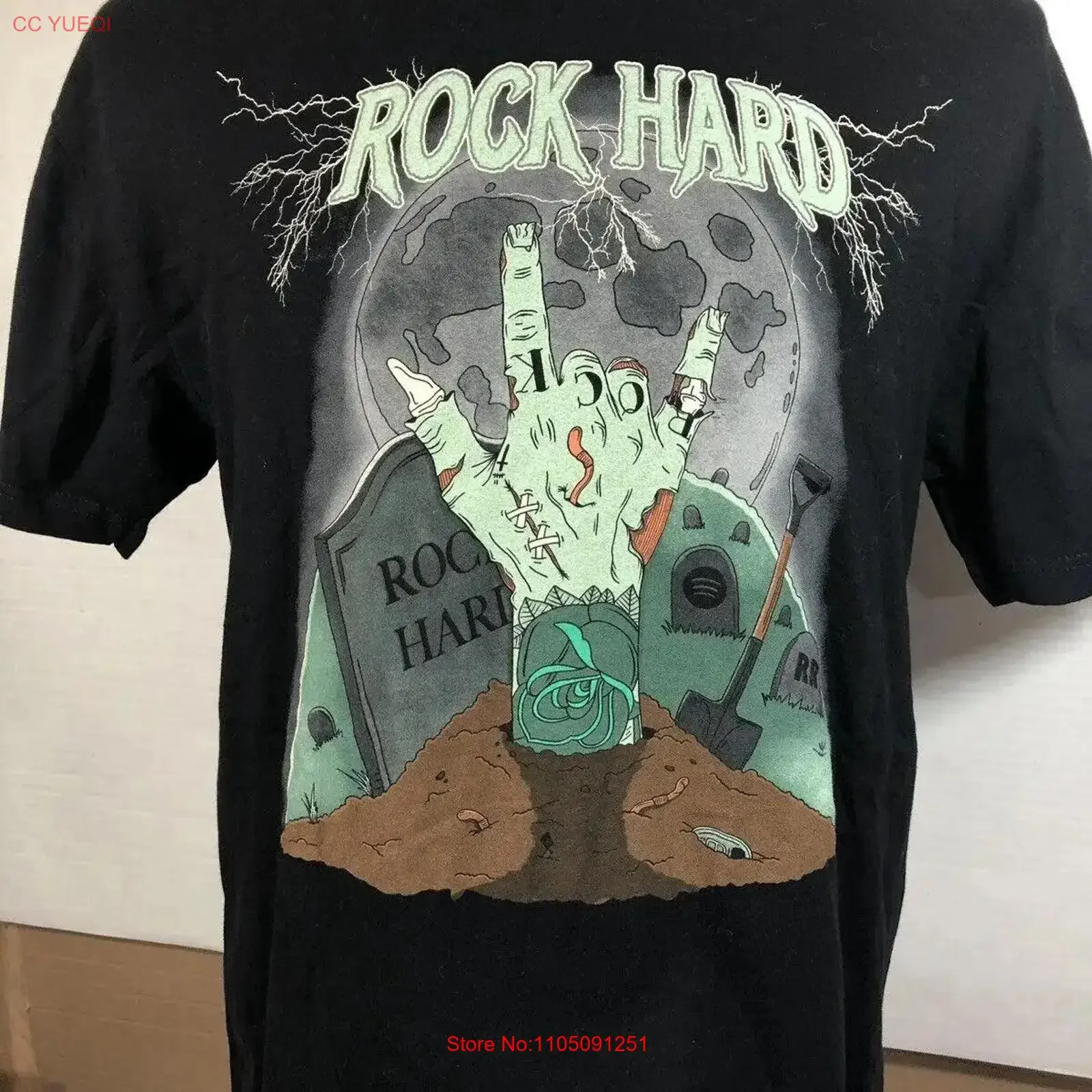 تي شيرت Rock Hard Roadrunner الترويجي كبير Zombie Metal Punk Spotify عتيق مغسول ملابس الشارع الشهير ممتدة قليلاً ومتعددة الاستخدامات #1