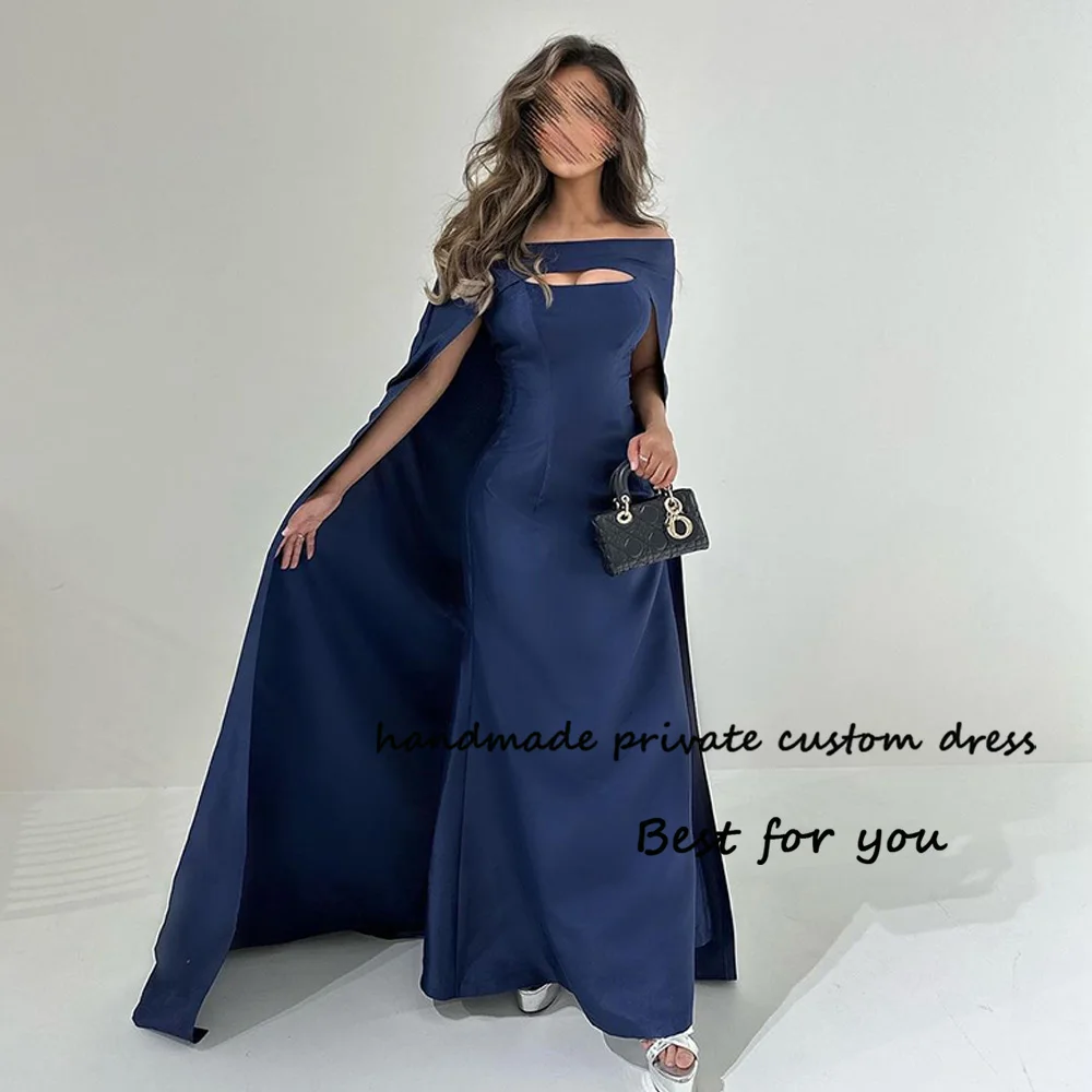 

Navy Blue Satin Mermaid Evening Dresses with Jacket Arabic Dubai Formal Prom Dress Floor Length Evening Party Gowns