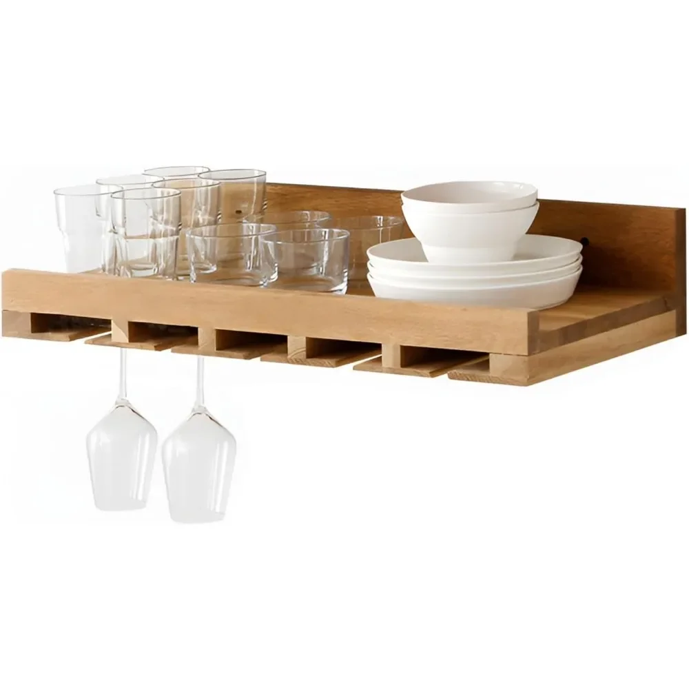 

Rustic Wooden Wall Mounted Wine Rack with Glass and Bottle Holder Hanging Floating Shelf for Kitchen Bar Plants