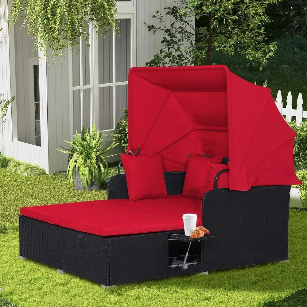 Outdoor Daybed Retractable Wicker Patio Furniture Set Cushioned Pillows Patio Rattan Daybed Deck Backyard Poolside Red