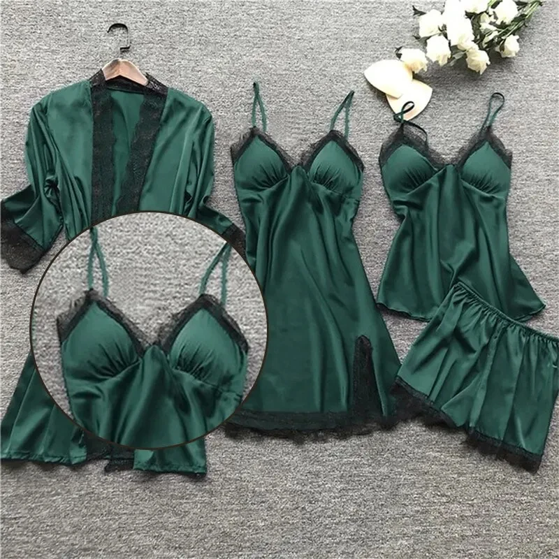 Four Piece Set of Women\'s Green Lace Trimmed Pajama Set Women\'s Home Long Robe Paired with Suspender Straps Pajama Set