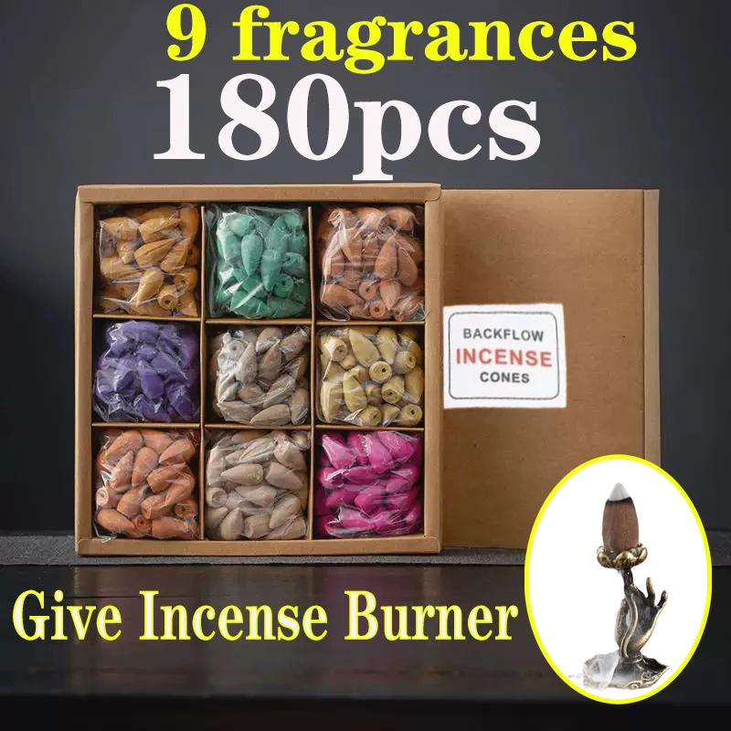 

180pc 9 Flavors Gift Box Sandalwood Agarwood flows Backflow incense，Watch the stream cloud tower incense for Indoor aromatherapy