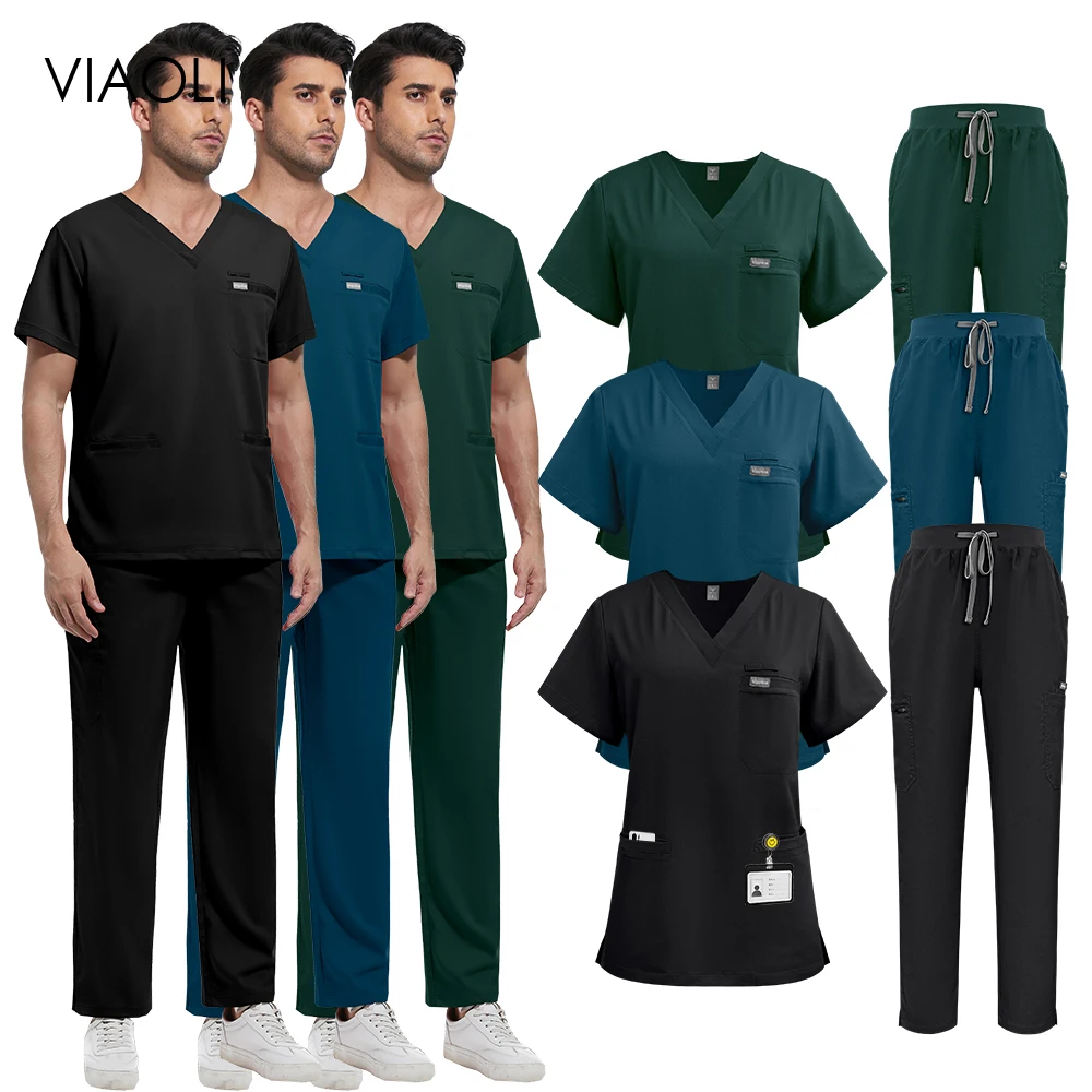 Высококачественная медицинская спецодежда с v-образным вырезом, разноцветные прямые брюки, костюм медсестры, хирургические скрабы, комплект, клинический доктор с карманами, верхние брюки Высококачественная медицинская спецодежда с v-образным вырезом, разноцветные прямые брюки, костюм медсестры, хирургические скрабы, комплект, клинический доктор с карманами, верхние брюки