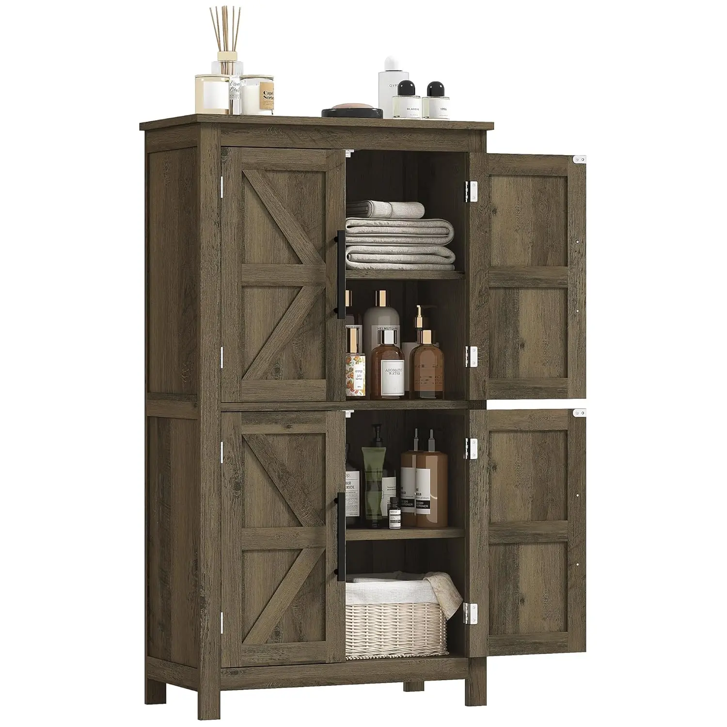 Farmhouse Bathroom Storage Cabinet 4 Barn Doors 2 Adjustable Shelves Freestanding Floor Unit, Customized