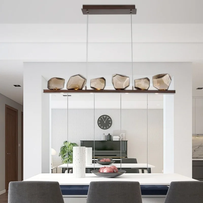 

Nordic Smoke Grey Glass Long Strip Pendant Lights Dining Table Simple Living Room Restaurant Creative Bar Kitchen LED Chandelier