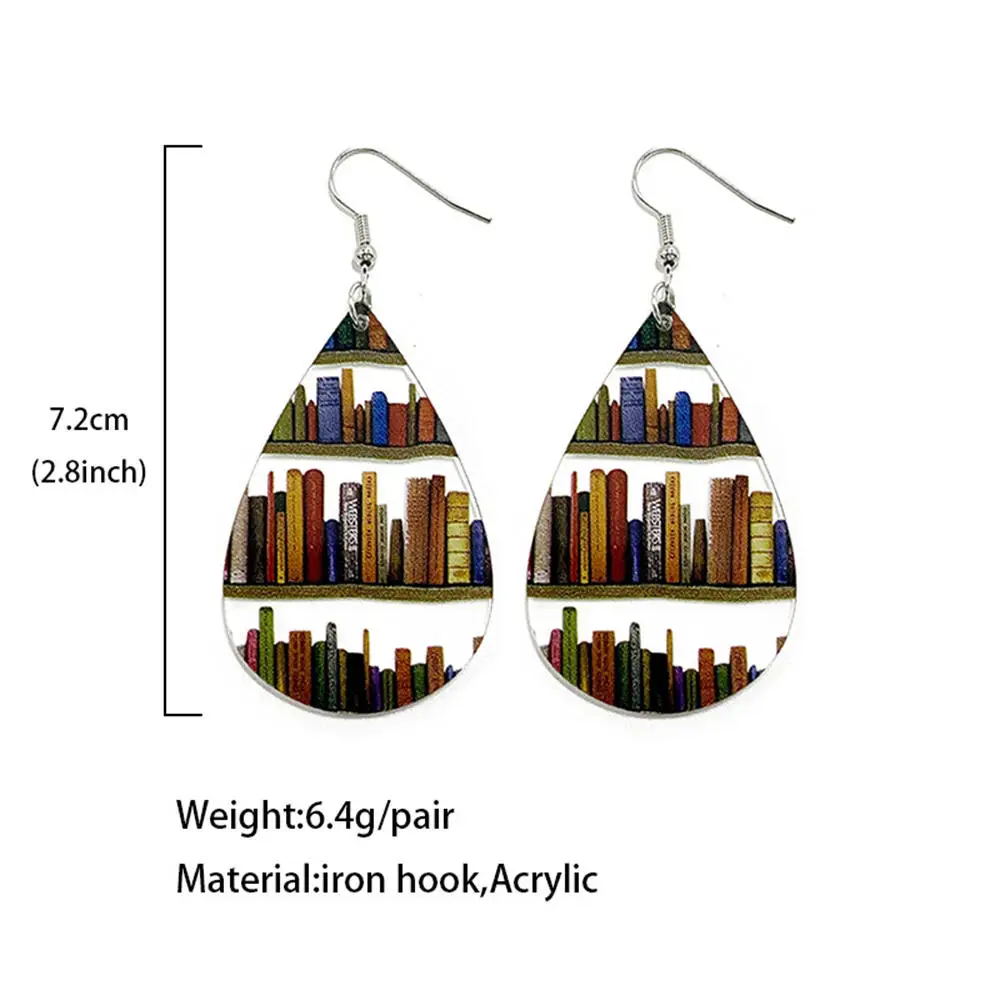 Teacher's Day Jewelry Gift School Library Books Printed Wood Studs Acrylic Earrings For Women Student Jewelry Everyday Gift 2023