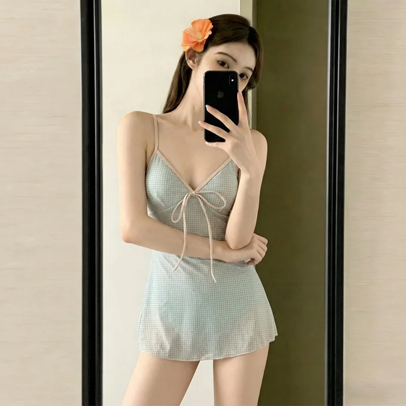 Sexy Korean fashion green plaid bow swimsuits spaghetti mini dress culottes bodysuits swimwear bathing suits tankini biquini