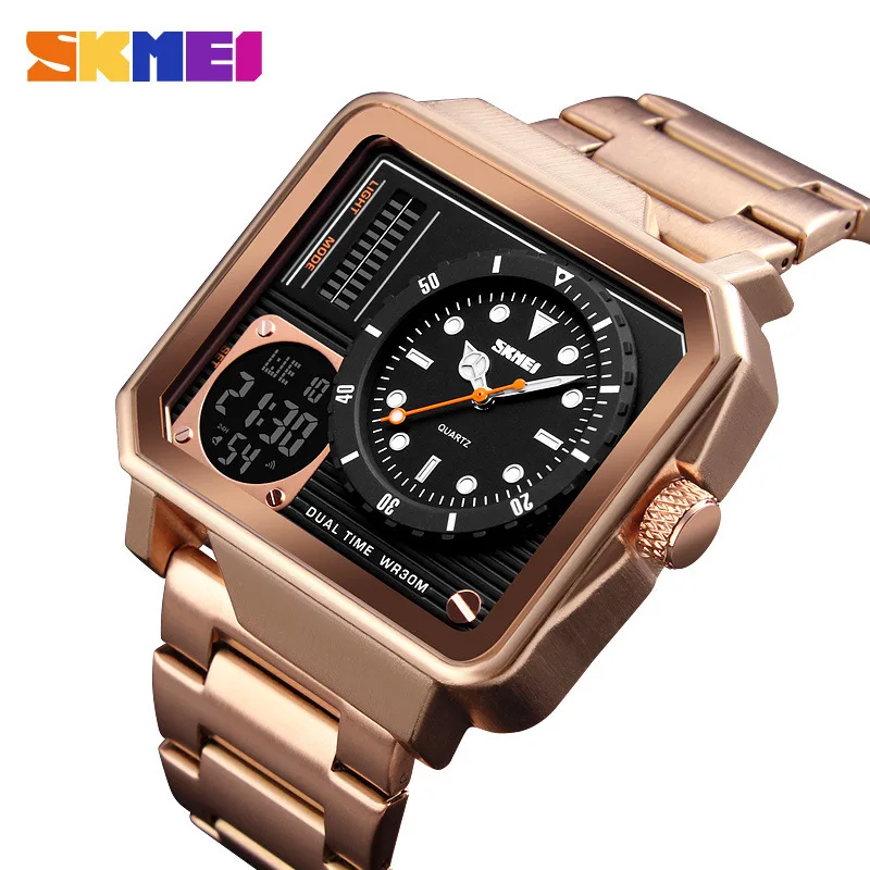 Dual Display Electronic Watch, Steel Strap, Casual, Quadrado, Ouro, Frete Grátis, Marca Oficial, Moda